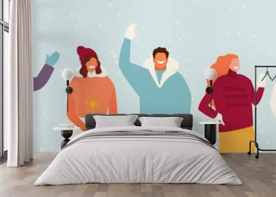 Group of joyful and friendly people in winter clothes standing under the snow. Christmas illustration Wall mural