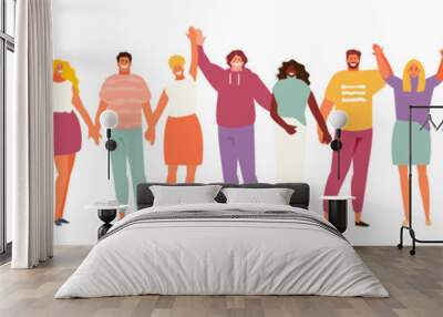 Group of smiling people holding hands. Multicultural and social unity, friendship and support. Vector characters on a white background Wall mural