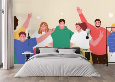 Happy hugging people friends waving their hands. Youth Day, friendship, team. Vector characters Wall mural