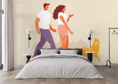 Man and woman couple walking with dog illustration Wall mural