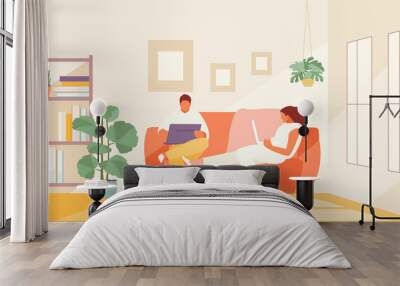 People couple people work at home. Remote work and freelance vector illustration Wall mural