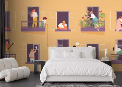 People in windows and balconies staying at home. Home life and neighborhood. Vector illustration Wall mural