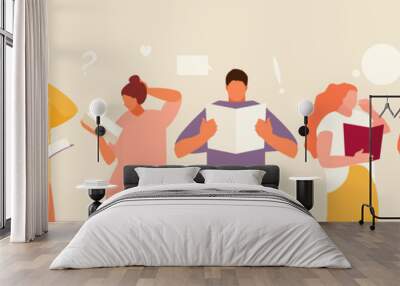 Reading people group with books in their hands. Students and education vector illustration Wall mural