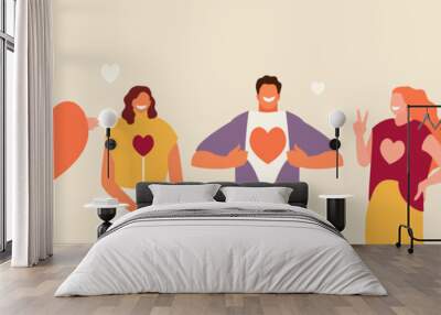 Smiling people group holding hearts. Valentine s Day. Love and volunteering vector illustration Wall mural