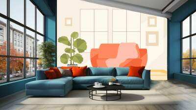 Warm living room with windows, sofa and flowers. Home comfort vector illustration Wall mural