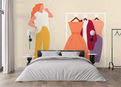 Young thinking girl chooses clothes. Vector flat illustration Wall mural