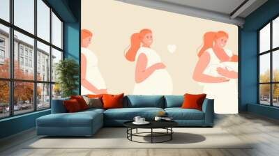 Young Woman becoming a mother from conception to childbirth steps. Trimesters of pregnancy, breastfeeding. Happy motherhood and childhood Wall mural