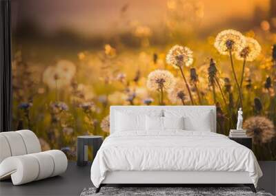 Beautiful summer meadow with flowers dandelions and forget-me-nots, lovely landscape of nature, natural background Wall mural