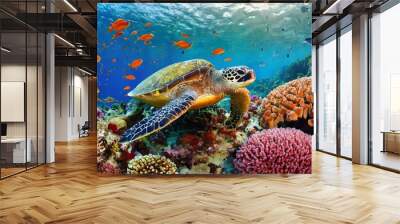 colorful coral reef with many fishes and sea turtle Wall mural