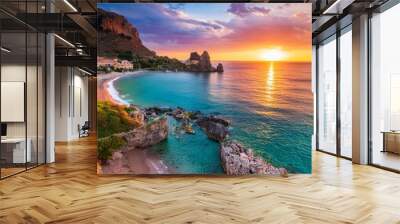 Colorful spring sunset from the Giallonardo beach, Sicily, Italy, Mediterranean sea, Europe. Wall mural