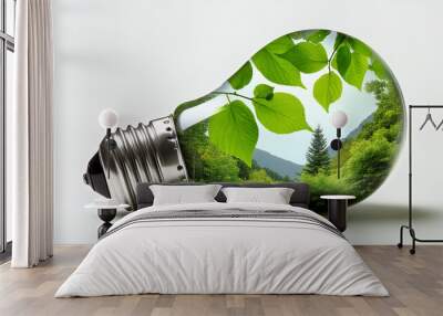 eco green light bulb with leaves inside, in the style of photo-realistic landscapes, global imagery, sustainable design, shaped canvas, highly detailed foliage, white background Wall mural