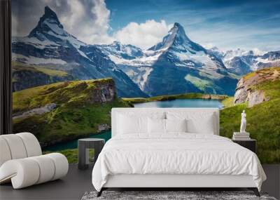 Great view of Bernese range above Bachalpsee lake. Dramatic and picturesque scene. Popular tourist attraction. Location place Swiss alps, Grindelwald valley, Europe. Artistic picture. Beauty world. Wall mural