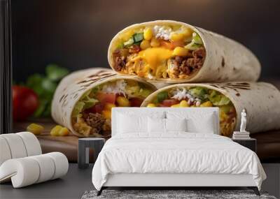 Hearty breakfast burritos with depth of field showcasing robust fillings and bold flavors Wall mural