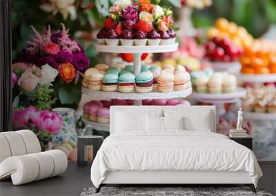 A beautifully arranged dessert table featuring colorful pastries and flowers for an event. Wall mural