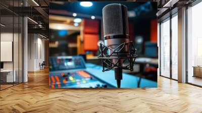 A close-up of a microphone in a recording studio with sound equipment in the background. Wall mural