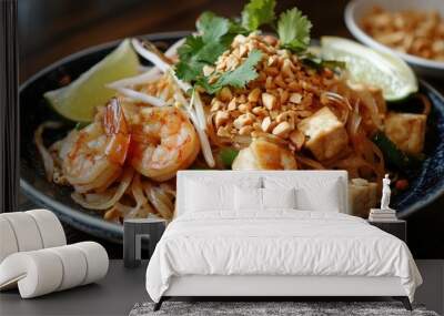 A delicious plate of Pad Thai with shrimp, tofu, and garnishes. Wall mural