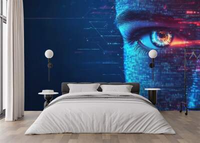 A digital eye with binary patterns, symbolizing technology and data visualization. Wall mural