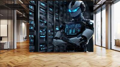 A futuristic robot with a digital interface stands in a high-tech server room. Wall mural