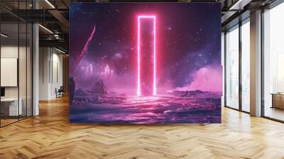 A glowing pink portal stands amidst a surreal, cosmic landscape filled with rocks and stars. Wall mural