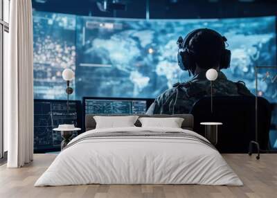 A military personnel monitors data in a high-tech command center with multiple screens. Wall mural