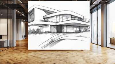 A modern architectural sketch of a house with curved lines and greenery. Wall mural