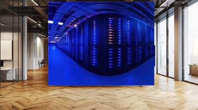 A panoramic view of a modern data center with blue lighting and server racks. Wall mural