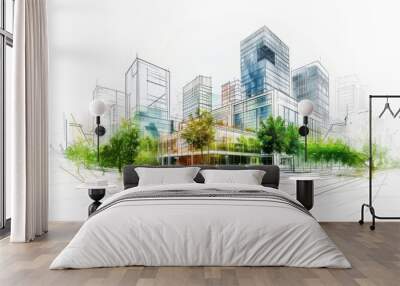 A vibrant architectural sketch of a modern urban landscape with greenery. Wall mural