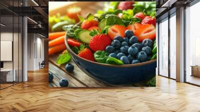 A vibrant bowl of fresh fruits and vegetables on a rustic wooden table, promoting healthy eating. Wall mural