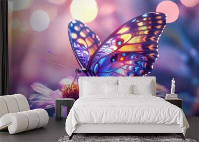 A vibrant butterfly perched on colorful flowers, creating a magical, dreamy atmosphere. Wall mural