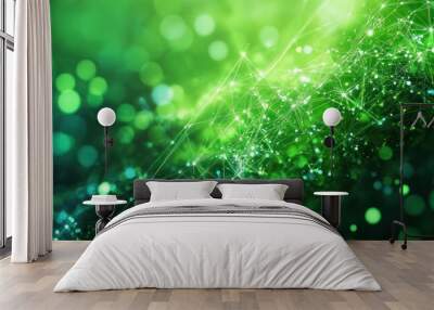 Abstract green digital background with glowing particles and connections. Wall mural