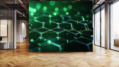 Abstract representation of interconnected hexagonal structures with glowing green elements. Wall mural