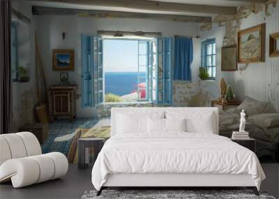 Bedroom interior with sea view in vintage style Wall mural