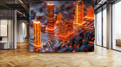 Building smart city structure with neon line on circuit board Wall mural