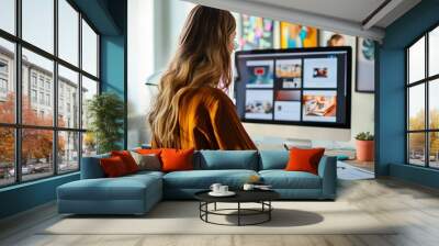 Businesswoman in casual clothes working on computer screen, rear view Wall mural