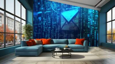 Digital representation of an email icon amidst a backdrop of binary code. Wall mural