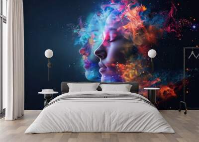 Double exposure beautiful woman with a explosion colorful paint splash Wall mural