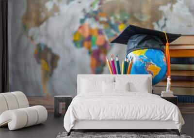 Education global business study abroad concept with globe, book, and cap graduation on wooden table Wall mural