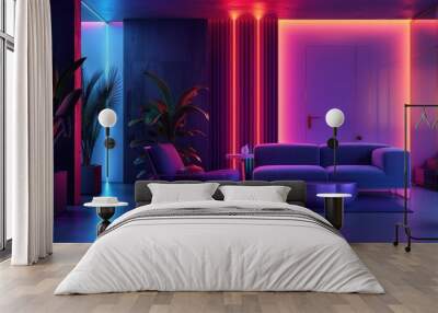 Futuristic living room interior dark color scene with glowing colorful neon light Wall mural