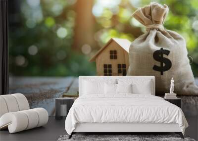 Miniature house with money sack and stacked coins on wooden table Wall mural