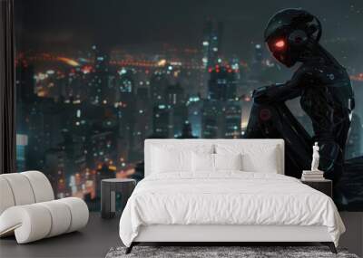 Sci-fi girl cyborg black armor suit sitting with futuristic skyscraper city building scene at night Wall mural