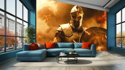 Spartan on burning battlefield wearing armor and helmet Wall mural