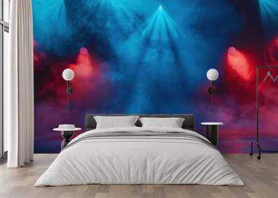 Spotlight concert stage or theater with red and blue smoke volume neon light effect Wall mural