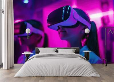 Two children wearing virtual reality headsets in a colorful, immersive environment. Wall mural