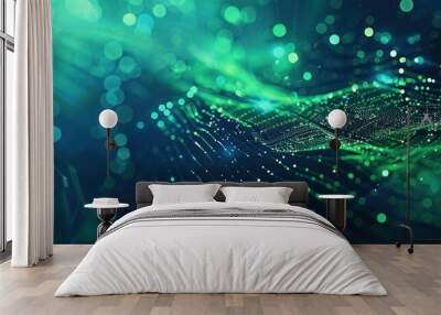 Wavy green neon line digital technology background Wall mural