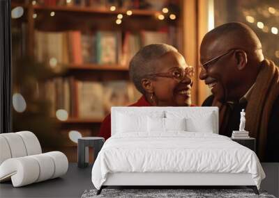 A content senior African American couple at a book club meeting in a cozy library, both deeply engrossed in an animated discussion Wall mural