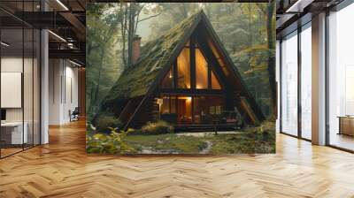 A-frame house cabin in middle of a forest in summer season Wall mural