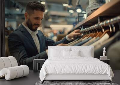 Handsome Man Selecting Business Suit in Decent Mall Wall mural