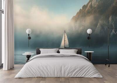 Sailboat sailing on beautiful misty day Wall mural