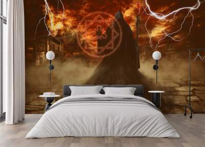 Angel of death casting a spell of destruction with a magic staff over apocalypse background Wall mural