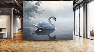 Elegant Swan Gliding Across a Foggy Lake with Graceful Motion Wall mural